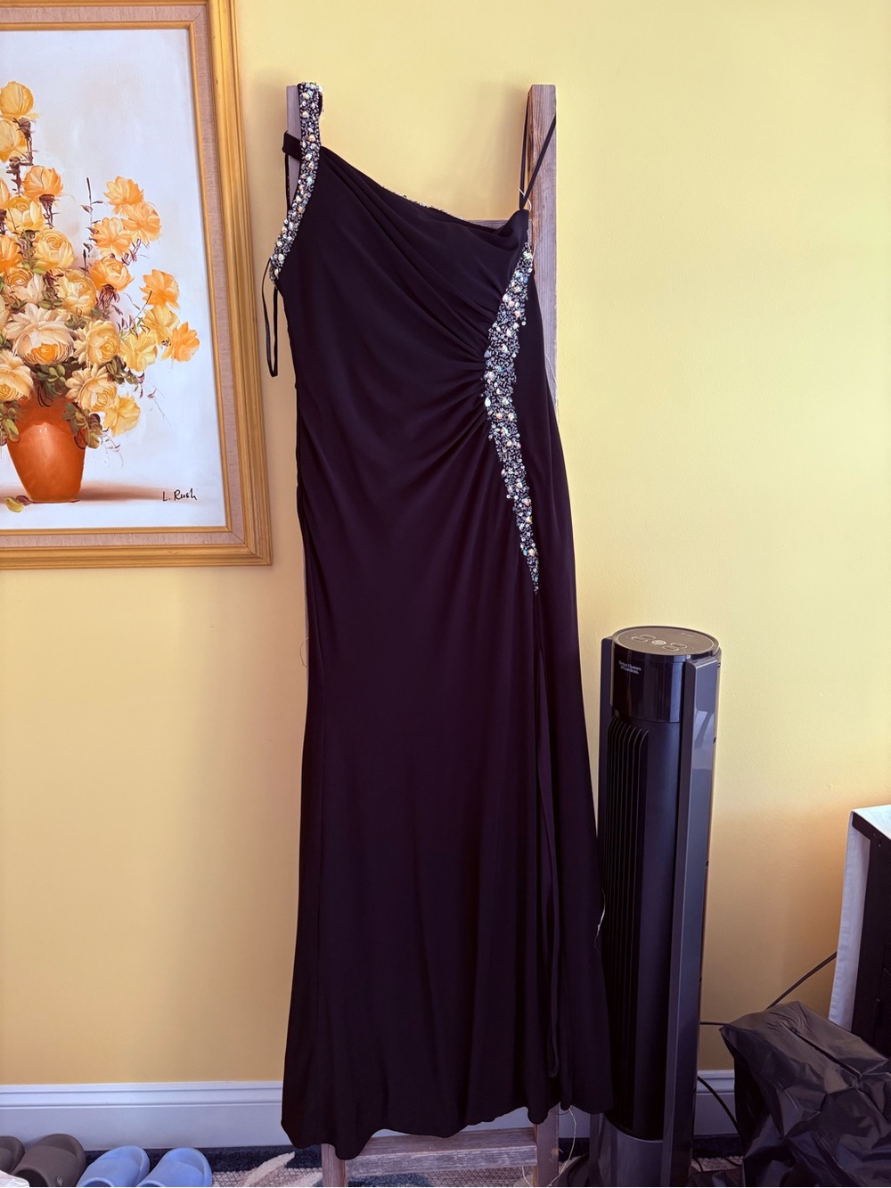 Dancing Queen Black One-Shoulder Gown with Multicolor Crystal Trim